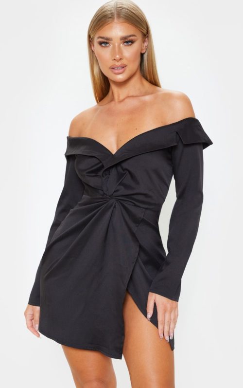 Black Bardot Knot Detail Blazer Dress, Black