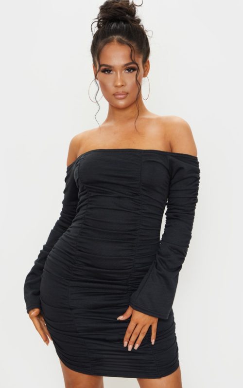 Black Bardot Ruched Sweater Dress, Black
