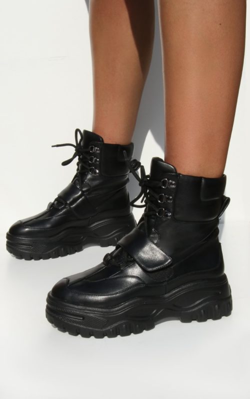 Black Chunky Sole Strap Lace Up Hiker Boots, Black