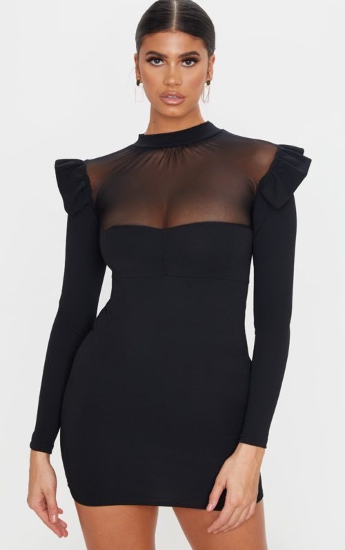 Black Frill Shoulder Mesh Insert Long Sleeve Bodycon Dress, Black