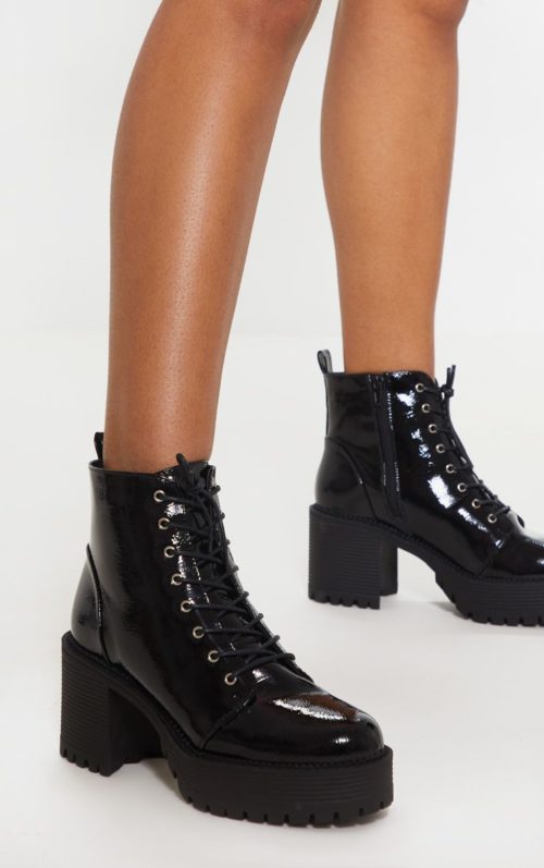 Black Patent Lace Up Chunky Cleated Ankle Boot, Black