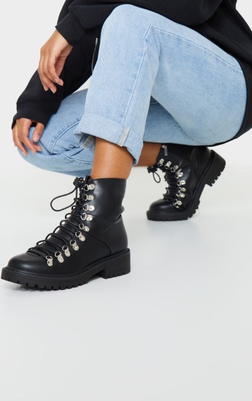 Black Wide Fit Cleated Sole Hiker Eyelet Ankle Boot, Black