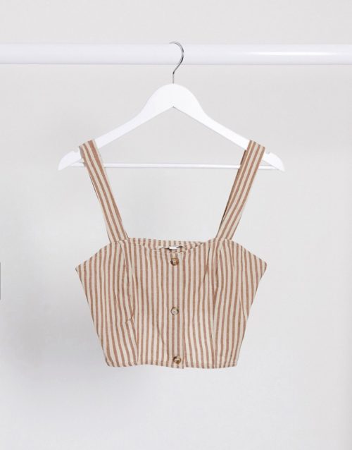 Brave Soul Tall carrie striped button through crop top-Brown