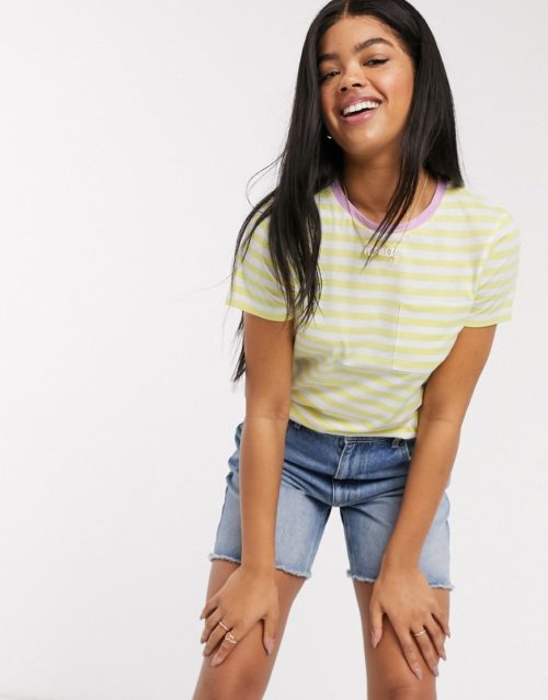 Brave Soul miami ringer striped t-shirt in lemon and pink-Yellow