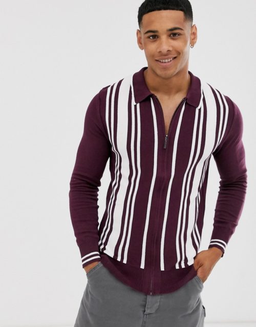 Brave Soul zip through cardigan with stripe in red