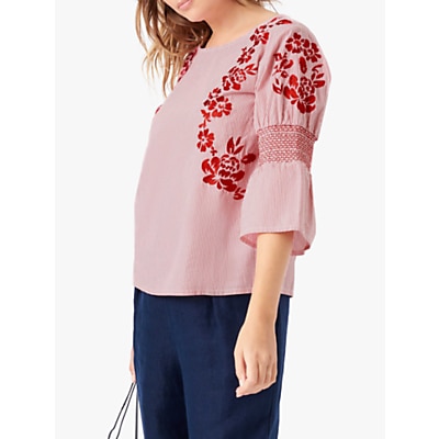 Brora Embroidered Striped Floral Blouse, Poppy/White
