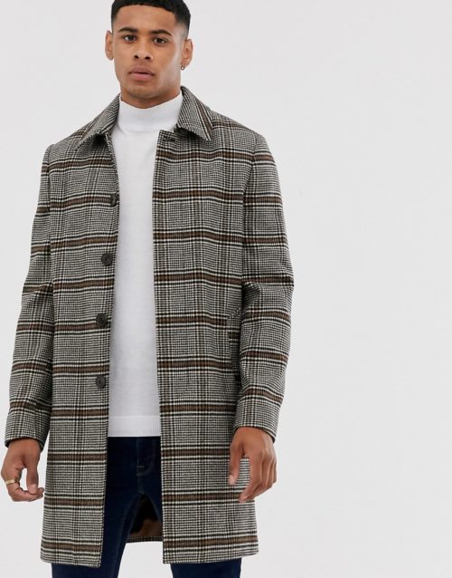 Burton Menswear faux wool car coat in check-Brown