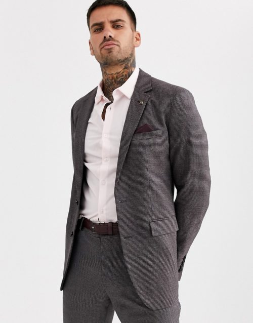 Burton Menswear skinny suit jacket in burgundy hounds tooth check-Red