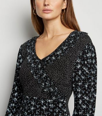 Cameo Rose Black Ditsy Floral Spot Ruffle Dress New Look