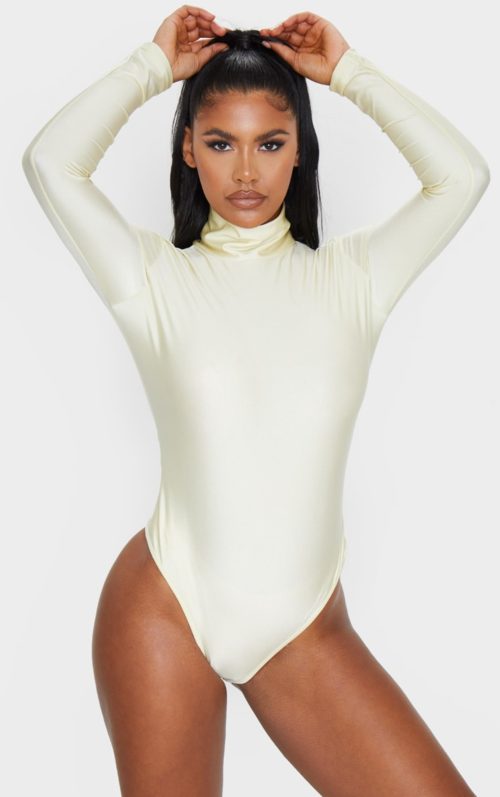 Champagne Disco High Neck Long Sleeve Bodysuit, Champagne