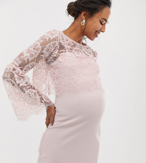 Chi Chi London Maternity 2 in 1 lace dress with long sleeve in mink-Grey