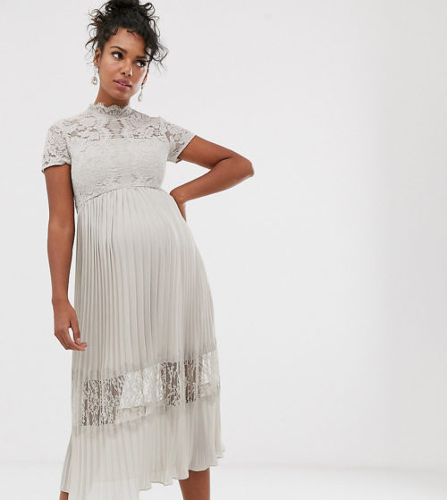 Chi Chi London Maternity lace midi dress with pleated skirt in grey