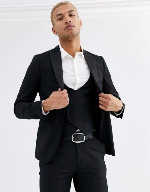Devils Advocate skinny fit tuxedo suit jacket-Black