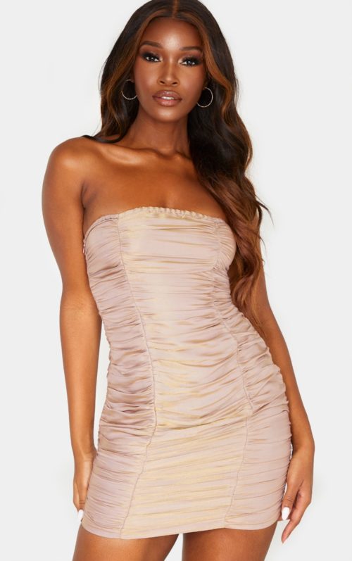 Dusty Pink Iridescent Ruched Bandeau Bodycon Dress, Dusty Pink