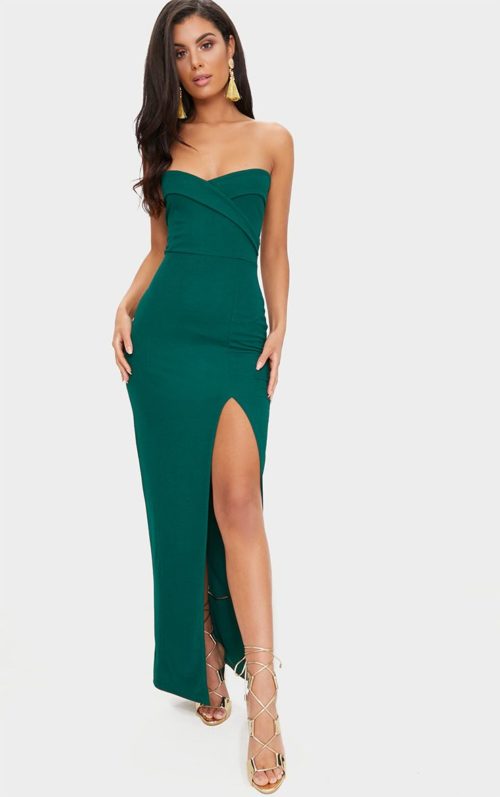 Emerald Green Bandeau Folded Detail Extreme Split Maxi Dress, Emerald Green