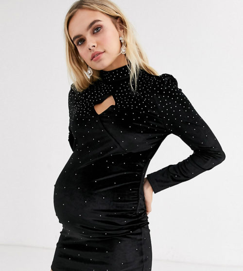 Fashion Union Maternity velvet high neck mini dress with scattered diamante detail-Black