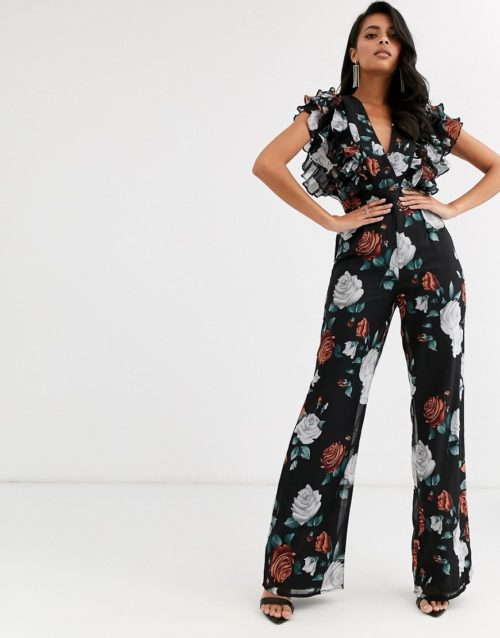Forever U jumpsuit with frill detail in dark floral-Multi
