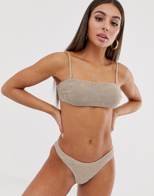 Free Society mix & match crinkle crop bikini top in taupe-Grey