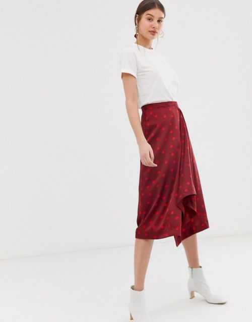 Gestuz Elsie sateen polka dot asymmetric skirt with matching hair scrunchie-Red