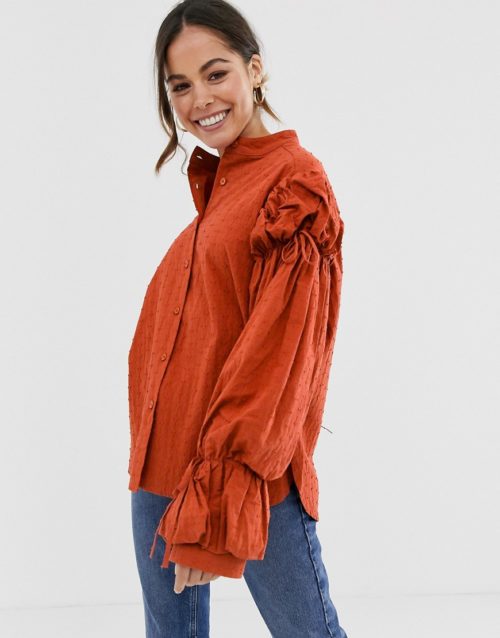 Ghospell oversized puff sleeve blouse-Orange