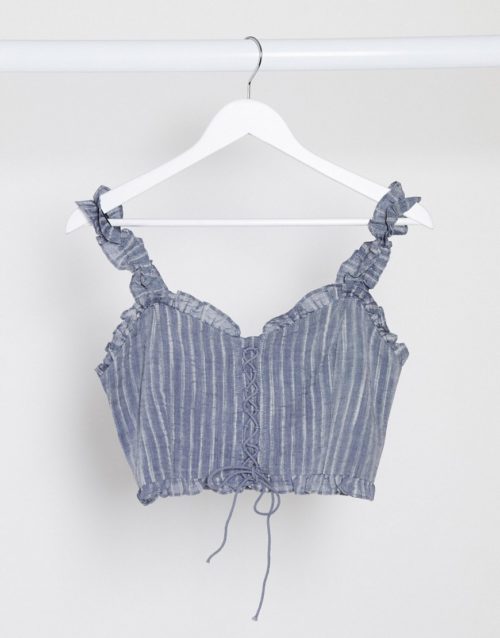 Gilli lace up crop top in navy gingham