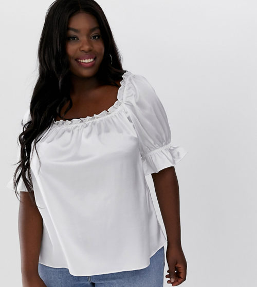 Glamorous curve blouse with puff sleeves-White