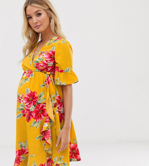 Influence Maternity wrap dress with frill detail in floral print-Yellow