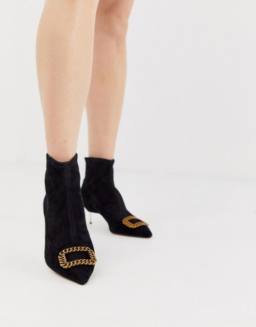 Kurt Geiger Bellevue black leather kitten heeled ankle boots with contrast gold buckle