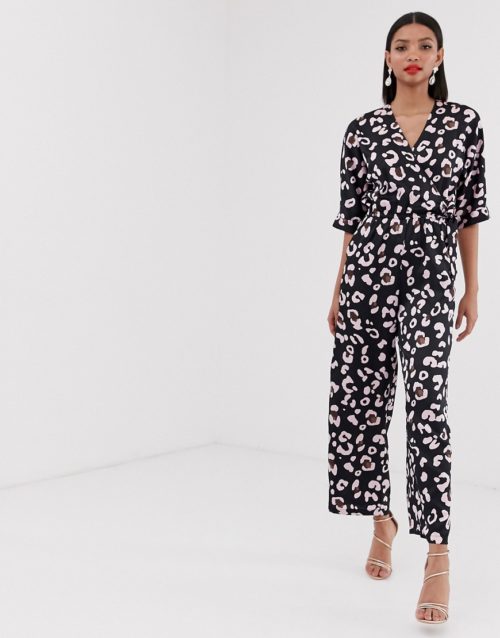 Liquorish wrap front jumpsuit in navy leopard print