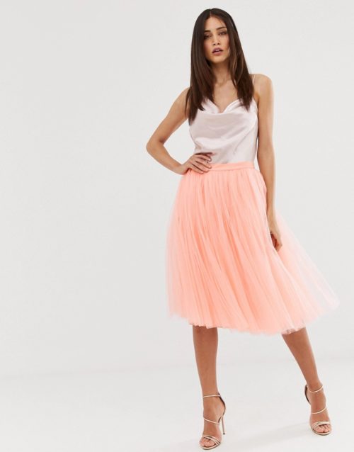Little Mistress tulle midi prom skirt in coral-Orange