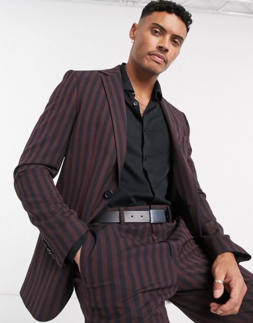 Lockstock Warwick stripe suit jacket in burgundy-Red