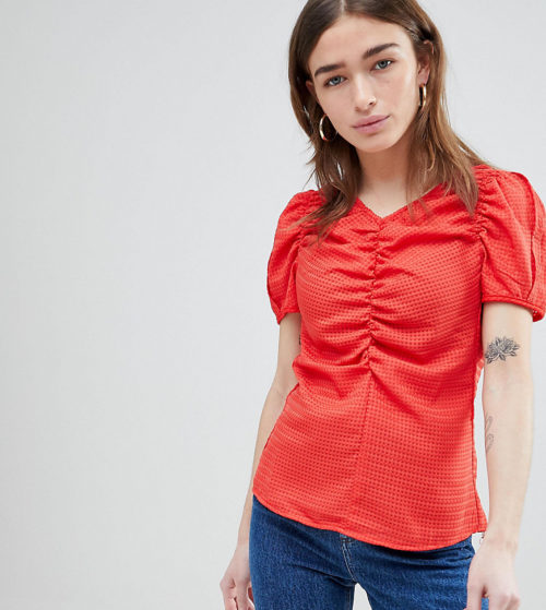Lost Ink Petite Blouse With Rouched Front And Balloon Sleeves-Red