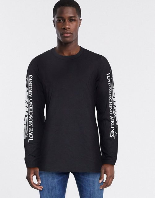 Love Moschino sleeve print long sleeve t-shirt-Black
