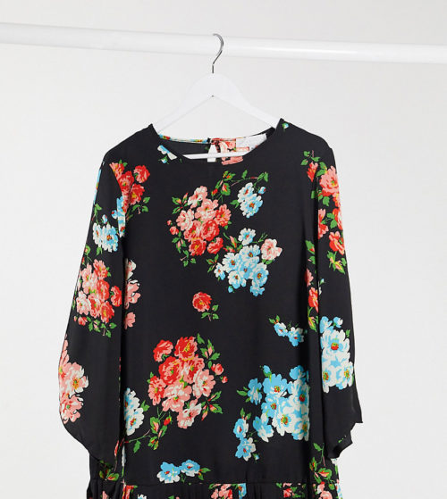 Lovedrobe Floral Open Sleeve Blouse With Pleated Hem-Black