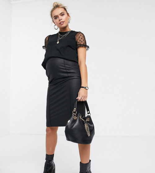 Mamalicious maternity coated leather look skirt in black