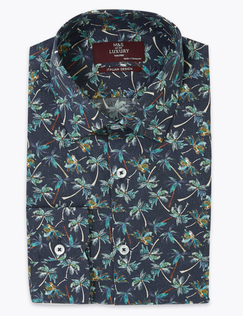 M&S Collection Luxury Tailored Fit Palm Print Pure Cotton Shirt