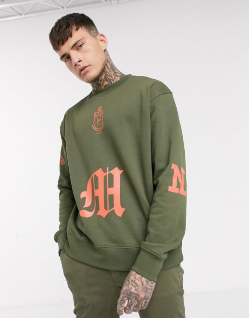 Mennace collegiate print sweatshirt in khaki-Green