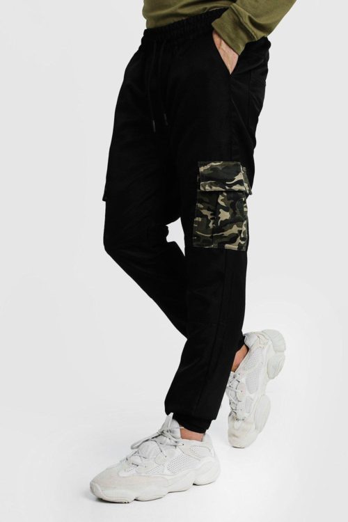Mens Black Cargo Trousers With Camo Pockets, Black