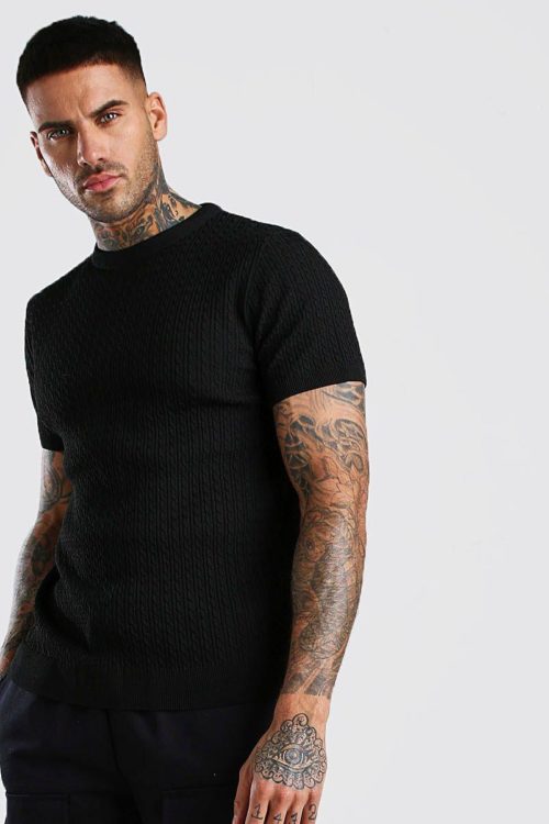 Mens Black Short Sleeve Muscle Fit Cable Knit Smart T-Shirt, Black