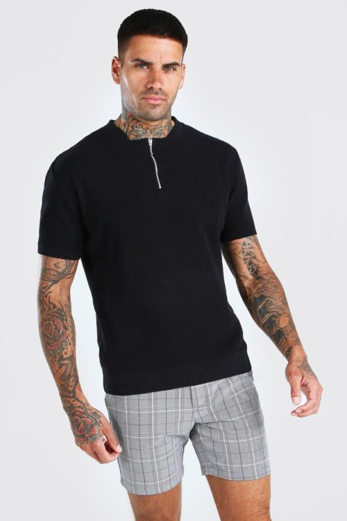 Mens Black Short Sleeve Textured Half Zip Knit T-Shirt, Black