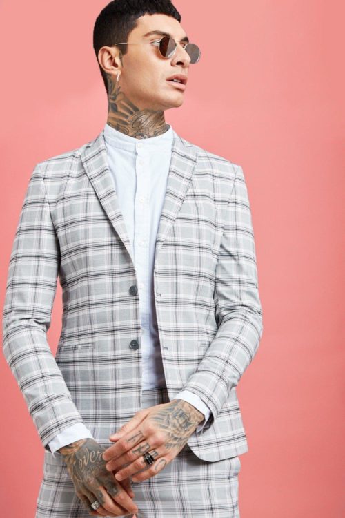 Mens Grey Pastel Check Detail Skinny Fit Suit Jacket, Grey