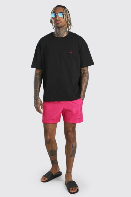 Mens Pink MAN Signature Oversized T-Shirt & Swim Short, Pink