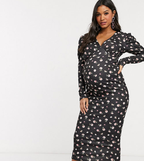 Missguided Maternity puff sleeve midi dress in floral print-Black