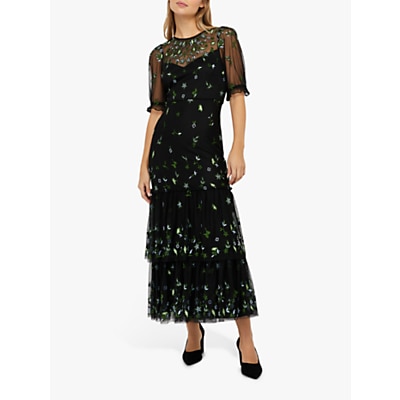 Monsoon Lisbet Floral Embroidery Tiered Midi Dress, Black/Multi
