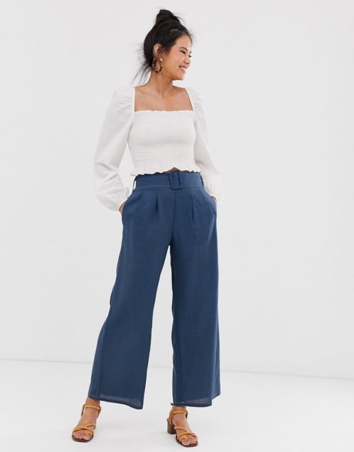 Moon River high rise belted wide leg trousers-Blue