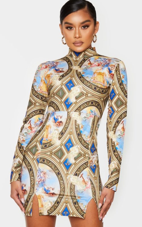 Multi Renaissance Print High Neck Long Sleeve Split Hem Bodycon Dress, Multi
