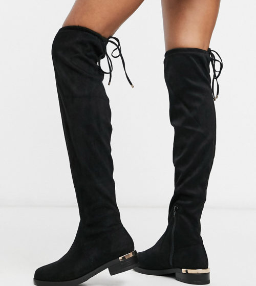 New Look Wide Fit over the knee suedette flat boots in black
