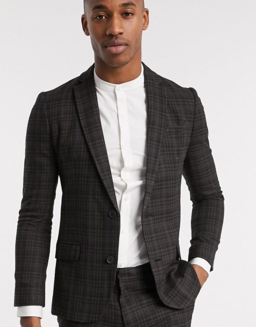 New Look ginger highlight check suit jacket in dark brown
