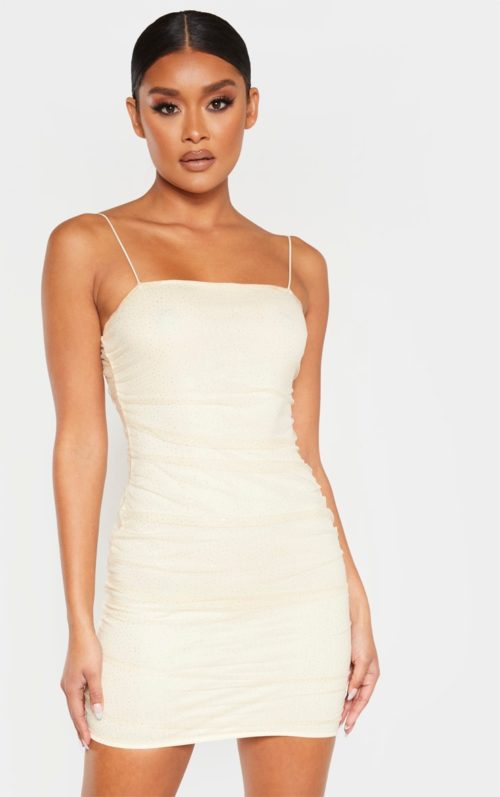 Nude Glitter Mesh Ruched Strappy Bodycon Dress, Nude