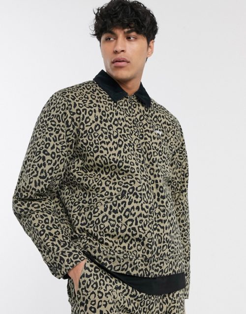 Obey Reid leopard print sherpa-lined jacket in khaki-Navy